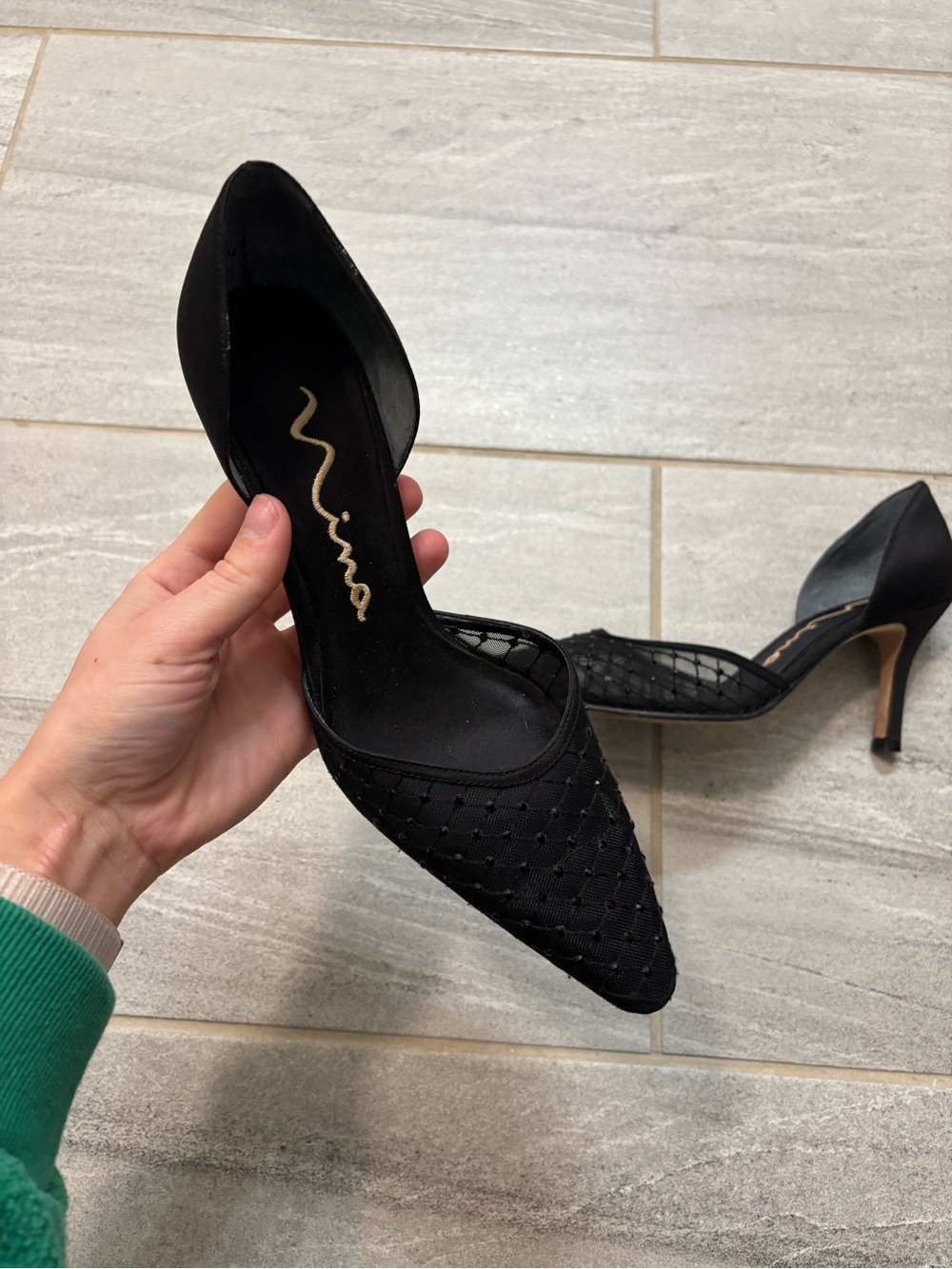 Nina Black Pointed-Toe D'Orsay Heels with Mesh Detail